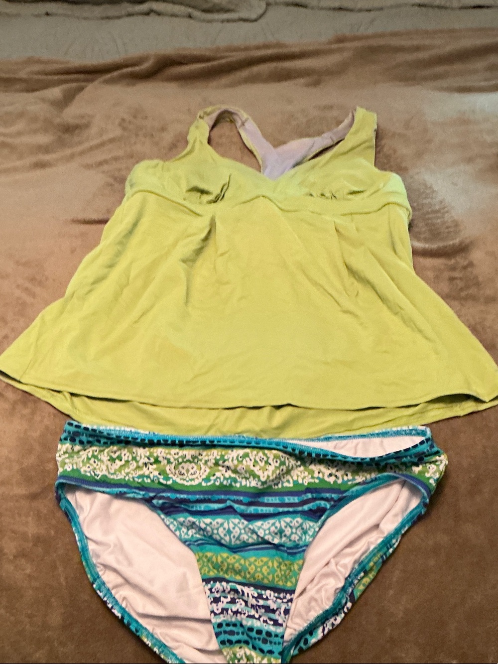 Lands' End Lime Green Tankini Top with Teal-Patterned Bikini Bottom